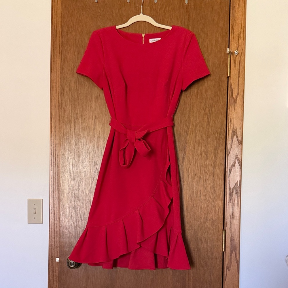 Calvin Klein Red Ruffle Midi Dress with Waist Tie